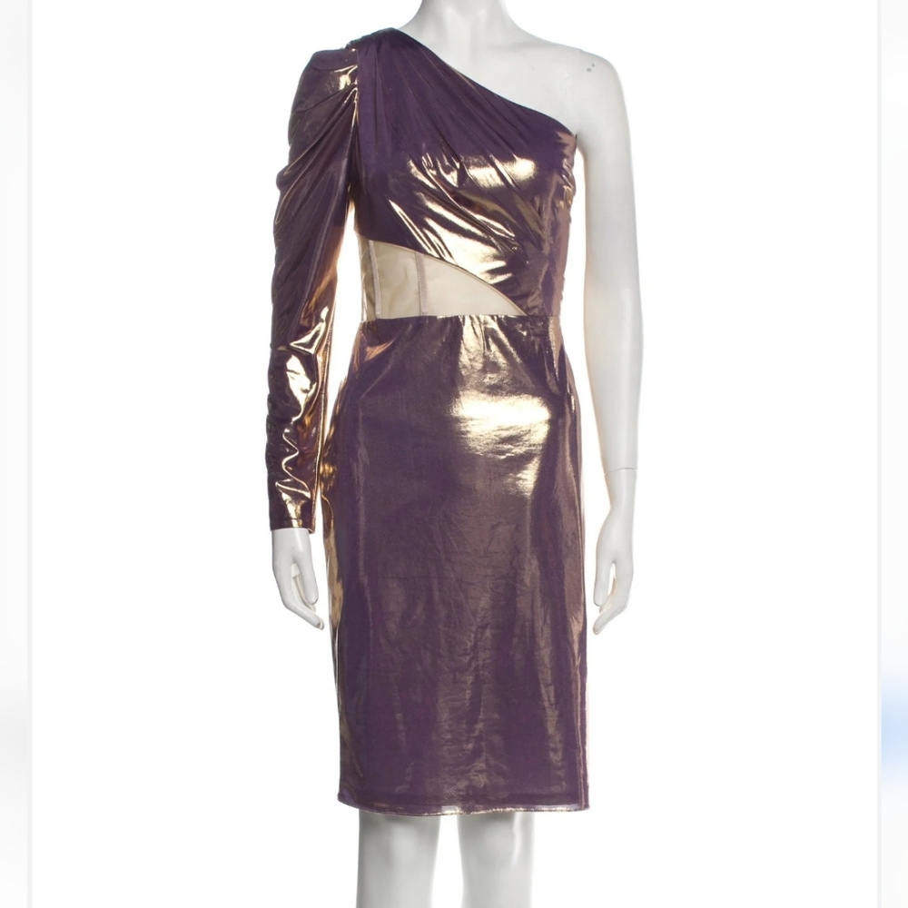 NWT! Marchesa Notte One Shoulder Lamé Cocktail Dress in Gold